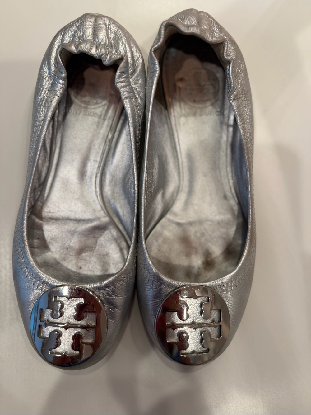 Tory Burch Metallic Silver Logo Reva Ballet Flats
